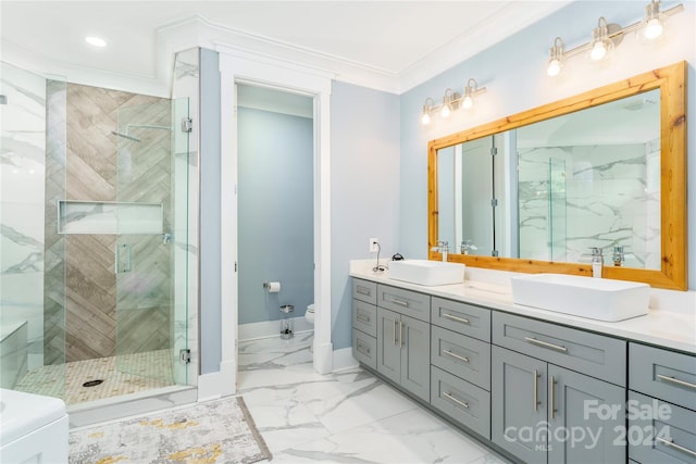 bathroom featuring toilet, vanity, an enclosed shower, and ornamental molding