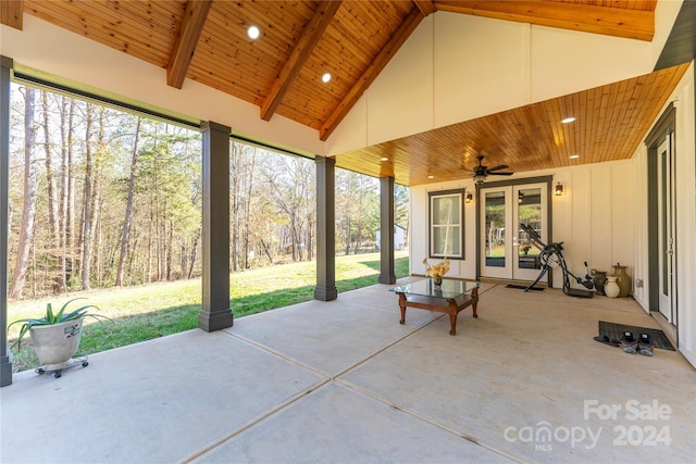 view of patio / terrace featuring ceiling fan and french doors