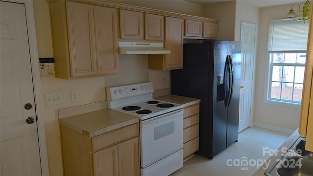 kitchen with a notable chandelier, black fridge with ice dispenser, electric stove, and light brown cabinetry