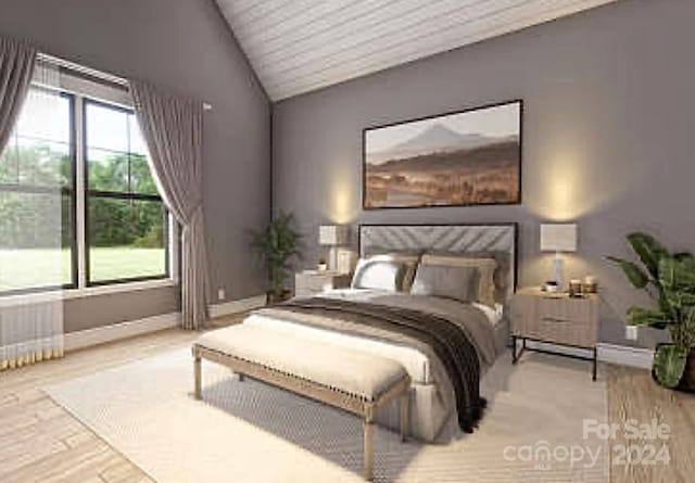 bedroom featuring wood-type flooring, lofted ceiling, radiator heating unit, and wooden ceiling