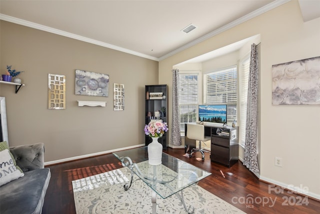 living room with crown molding and dark hardwood / wood-style flooring