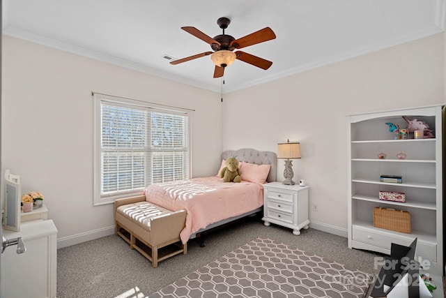 bedroom featuring carpet flooring, ceiling fan, and crown molding