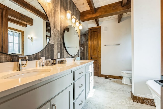 bathroom with vanity, wooden ceiling, beamed ceiling, toilet, and wood walls