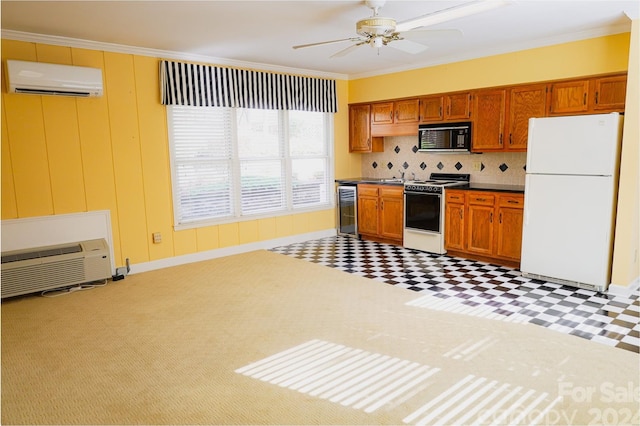 kitchen featuring white appliances, backsplash, crown molding, a wall mounted AC, and beverage cooler