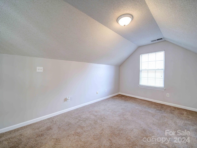 additional living space with carpet flooring, a textured ceiling, and vaulted ceiling