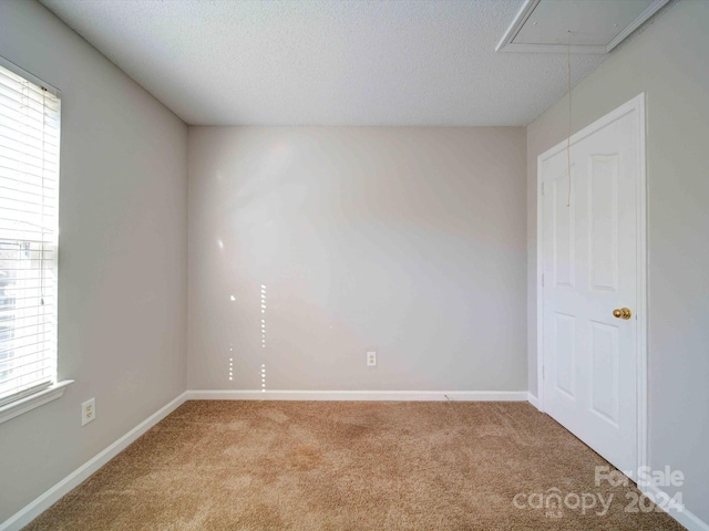 carpeted empty room with a textured ceiling