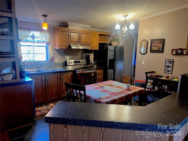 kitchen featuring ornamental molding, black fridge with ice dispenser, sink, dark tile patterned flooring, and stainless steel electric range