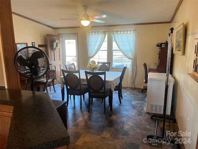 dining room with ceiling fan, ornamental molding, a textured ceiling, and heating unit