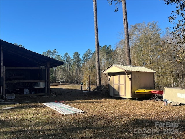 view of yard featuring a storage shed