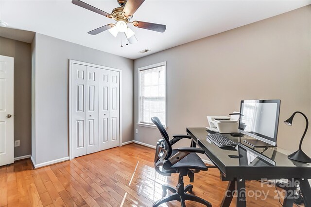 office area featuring ceiling fan and light hardwood / wood-style flooring