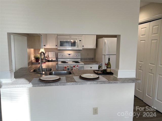 kitchen featuring dark hardwood / wood-style floors, white appliances, and sink