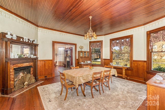 dining area with ornamental molding, wood ceiling, wooden walls, hardwood / wood-style flooring, and a notable chandelier