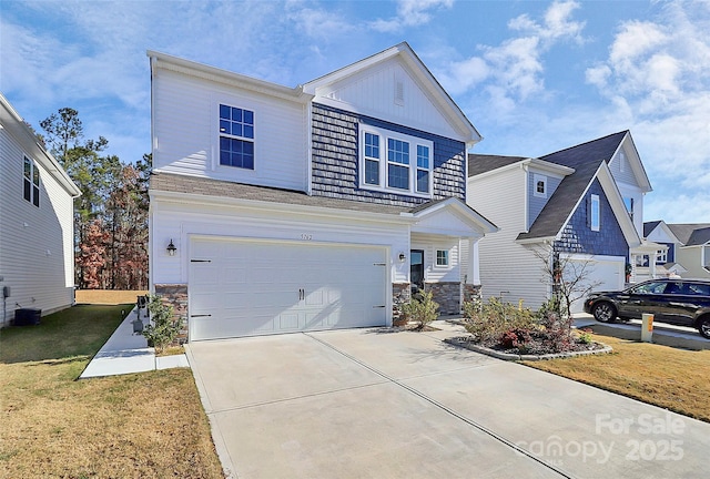 view of front facade featuring a garage, central AC unit, and a front yard