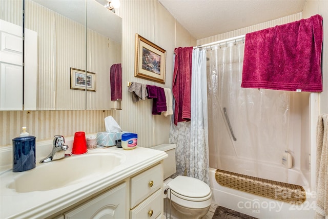 full bathroom with toilet, a textured ceiling, vanity, and shower / tub combo with curtain