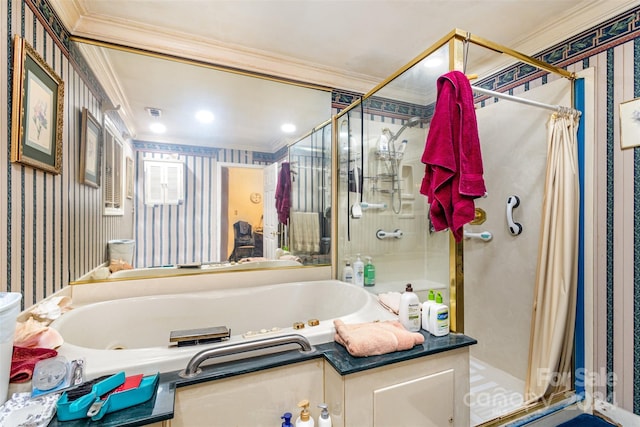 bathroom with crown molding and plus walk in shower