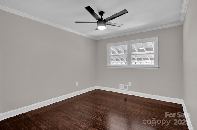 unfurnished room featuring wood-type flooring, ceiling fan, and crown molding