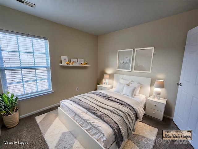 bedroom featuring multiple windows and dark carpet