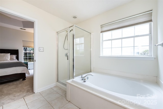 full bathroom with tile patterned floors, ensuite bathroom, a shower stall, visible vents, and a bath