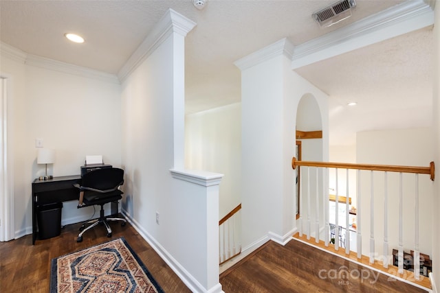 office space featuring crown molding, visible vents, recessed lighting, and wood finished floors
