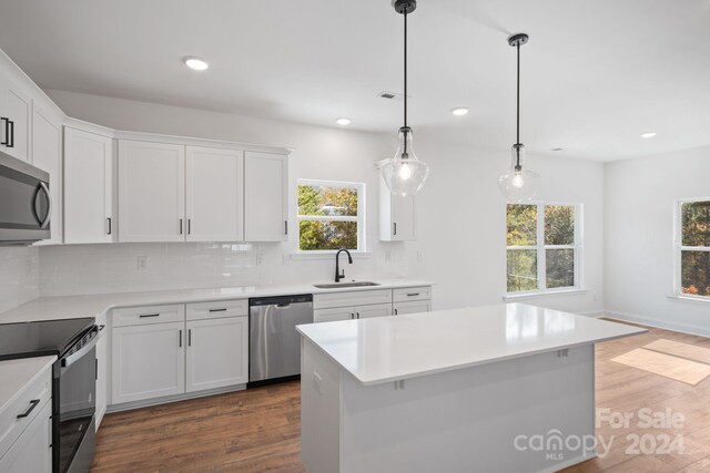 kitchen with appliances with stainless steel finishes, dark hardwood / wood-style flooring, a wealth of natural light, and sink