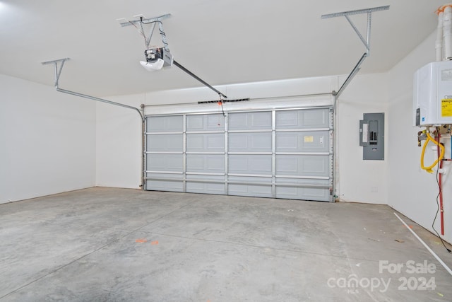 garage with electric panel, water heater, and a garage door opener