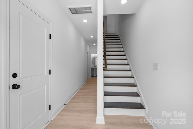 190 Cherry Springs Ln Unit 1-E, Asheville, NC 28804 - staircase with recessed lighting, wood finished floors, and baseboards