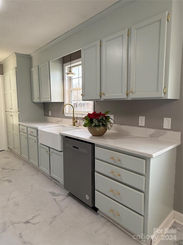 kitchen featuring gray cabinets, sink, and stainless steel dishwasher