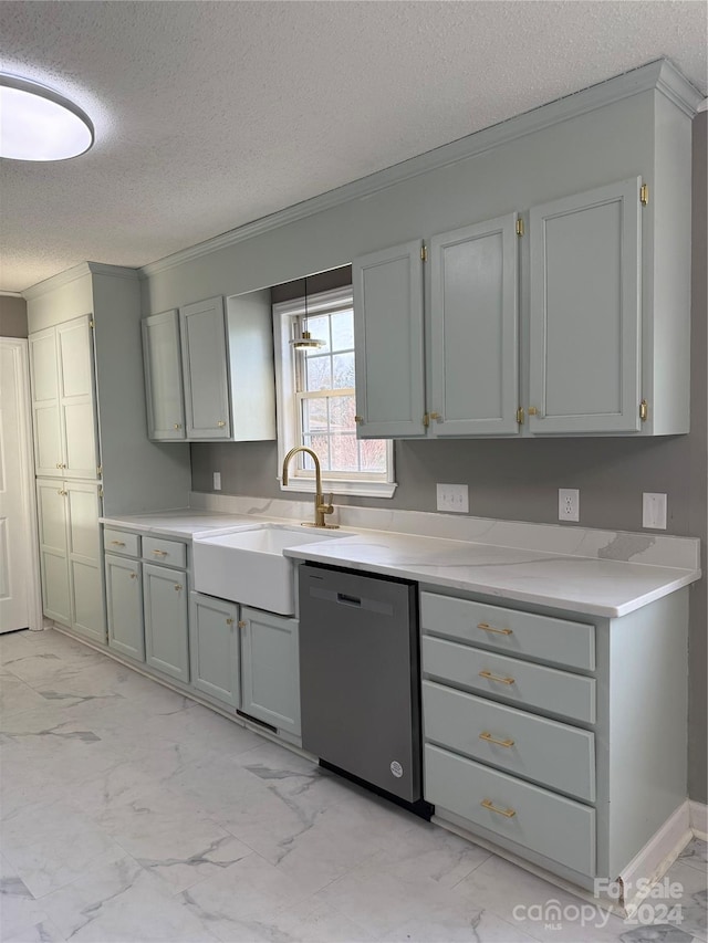 kitchen with dishwasher, a textured ceiling, gray cabinetry, and sink