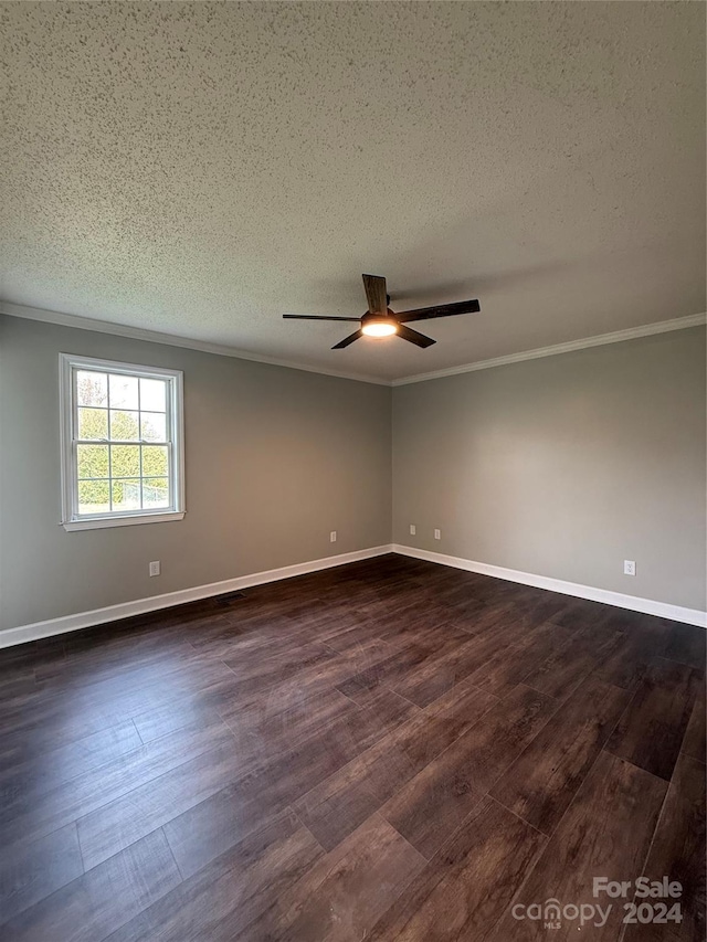 unfurnished room featuring ceiling fan, crown molding, dark wood-type flooring, and a textured ceiling