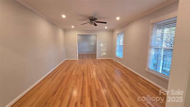 unfurnished room featuring baseboards, a ceiling fan, light wood-style flooring, ornamental molding, and recessed lighting