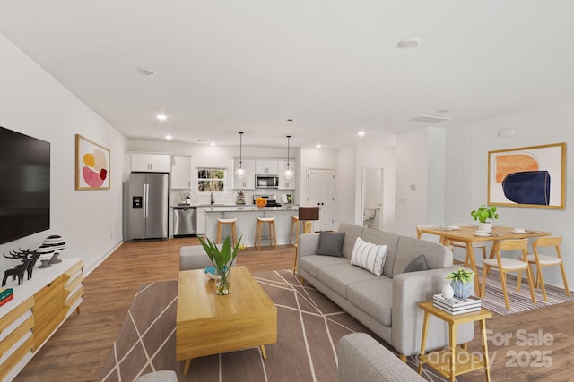 living room with hardwood / wood-style floors and sink