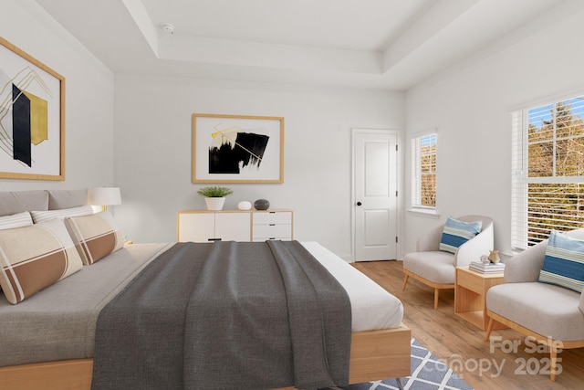 bedroom featuring a raised ceiling and light wood-type flooring