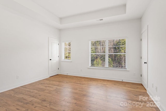 empty room with light hardwood / wood-style flooring and a raised ceiling