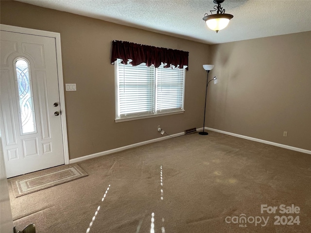 entryway featuring carpet floors and a textured ceiling