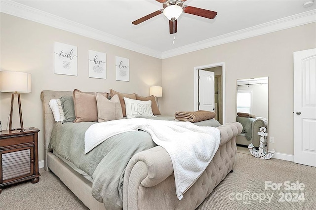 bedroom featuring light colored carpet, ceiling fan, and ornamental molding