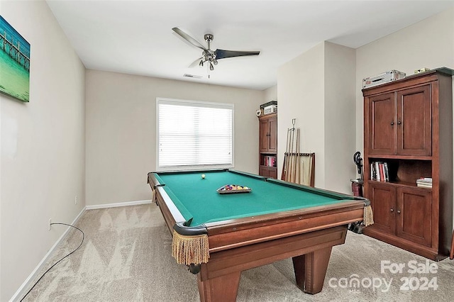 rec room featuring light colored carpet, ceiling fan, and pool table