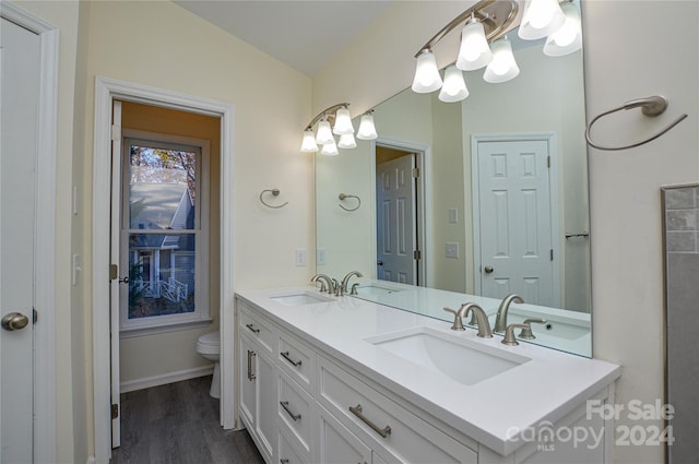 bathroom featuring vanity, vaulted ceiling, hardwood / wood-style flooring, and toilet