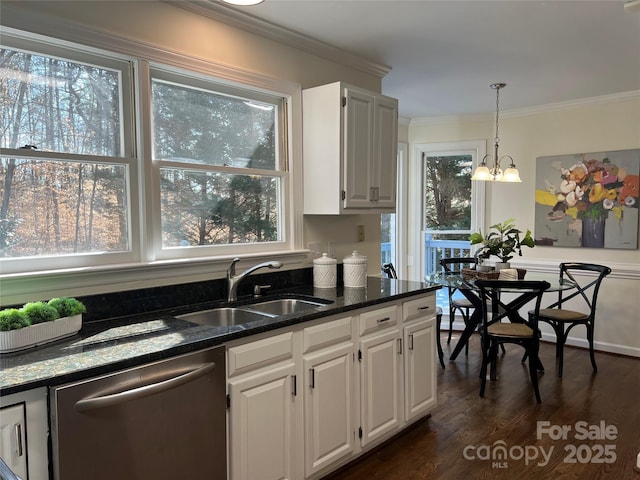 kitchen with decorative light fixtures, dishwasher, sink, white cabinets, and crown molding