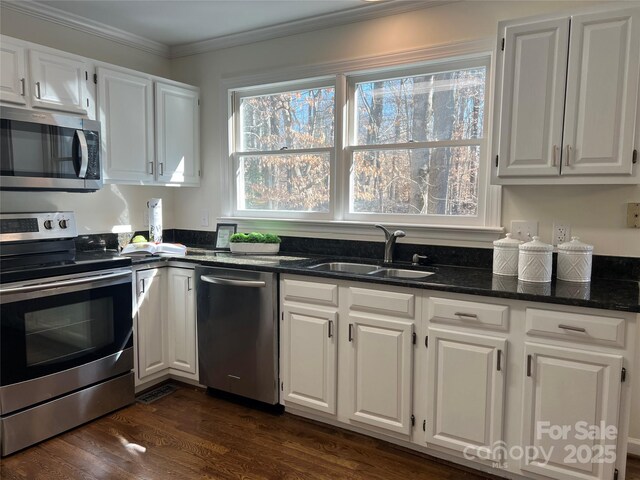 kitchen featuring crown molding, stainless steel appliances, sink, and white cabinets