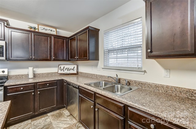 kitchen featuring sink, stainless steel appliances, and dark brown cabinets