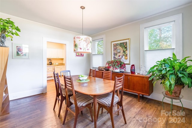 dining room with wood-type flooring, plenty of natural light, and ornamental molding