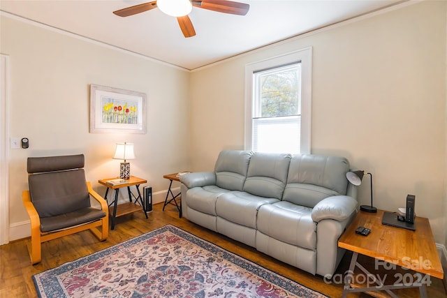 living room with hardwood / wood-style floors, ceiling fan, and ornamental molding