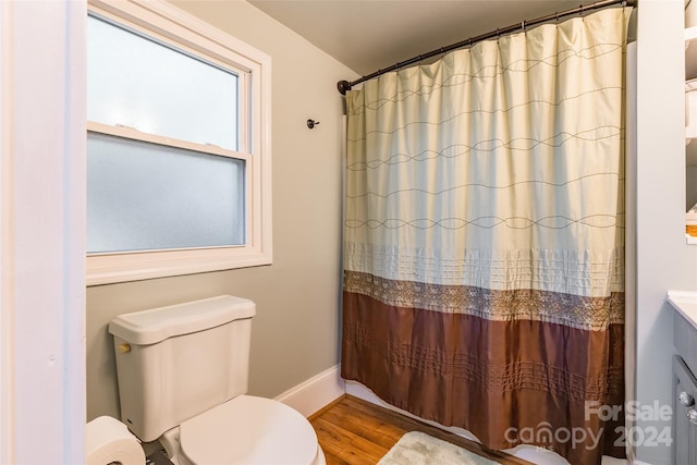 bathroom featuring wood-type flooring, toilet, and curtained shower