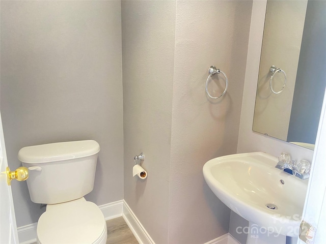 bathroom with toilet, wood-type flooring, and sink