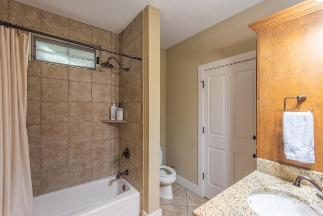 full bathroom featuring tile patterned floors, shower / tub combo with curtain, vanity, and toilet