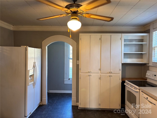 kitchen featuring ceiling fan, white cabinetry, white appliances, and crown molding