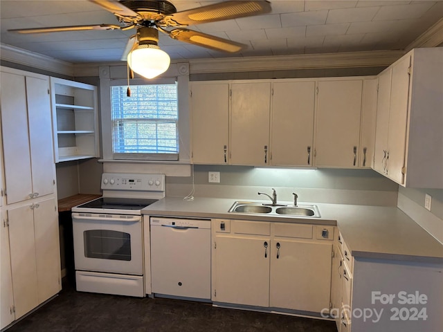 kitchen featuring white appliances, ceiling fan, crown molding, sink, and white cabinets