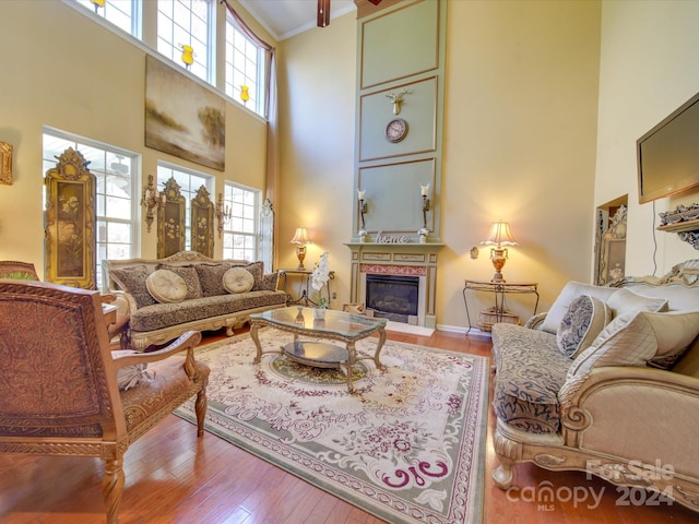 living room with a wealth of natural light, crown molding, light hardwood / wood-style floors, and a high ceiling