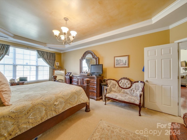 carpeted bedroom with a raised ceiling, crown molding, and a notable chandelier