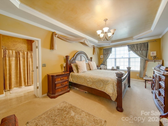 bedroom featuring a raised ceiling, crown molding, light carpet, and a chandelier